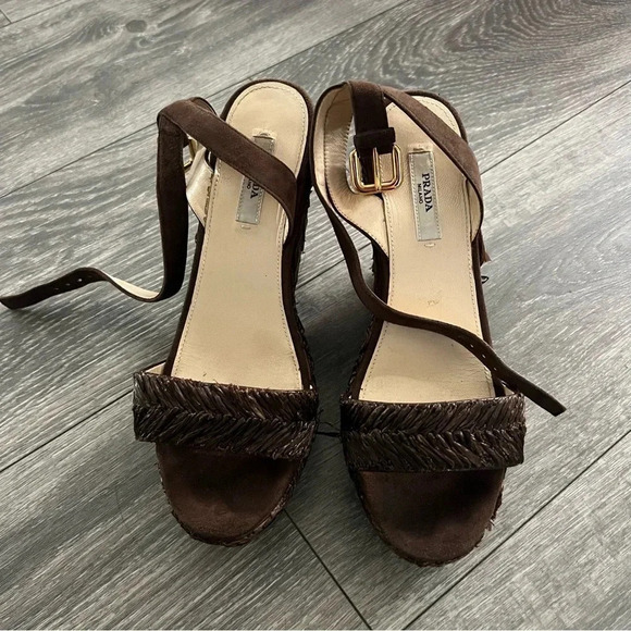 Prada Raffia Wedge Sandals - Picture 3 of 10